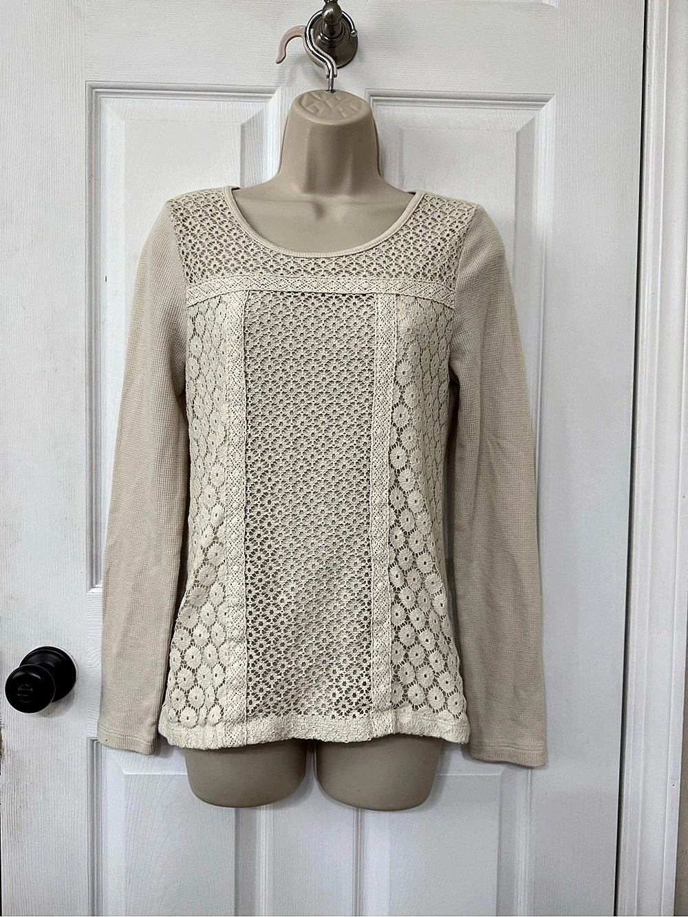 Lucky Brand Crochet Lace Panel Waffle Knit Long Sleeve Top Cream Medium